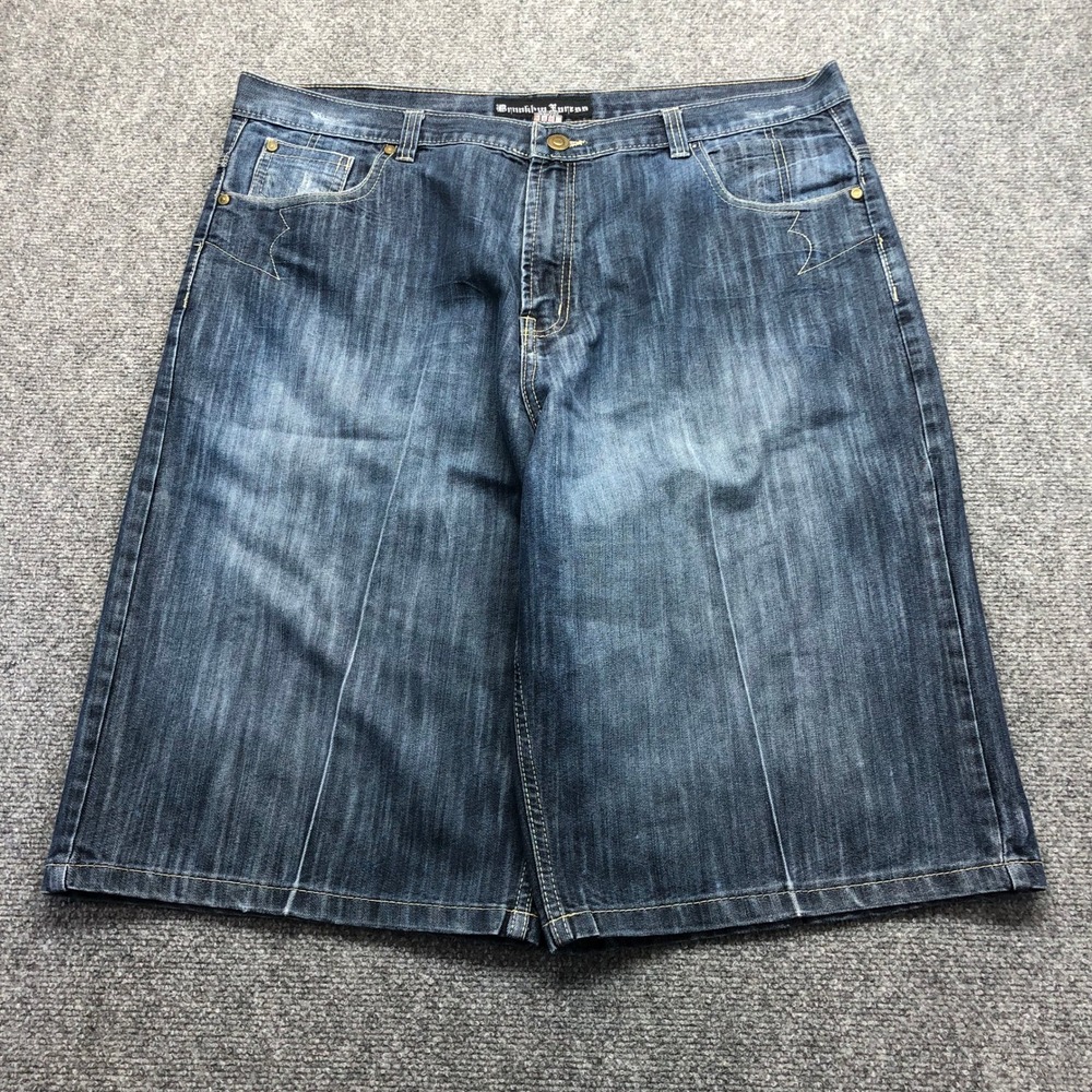 Y2K Mens Baggy Denim Shorts Blue Embroidered Y2K Hip Hop Size 42